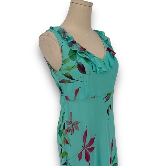 90s Carole Little Teal Blue Floral Print Ruffle Trim Maxi Dress, Size 4 - Picture 3 of 10